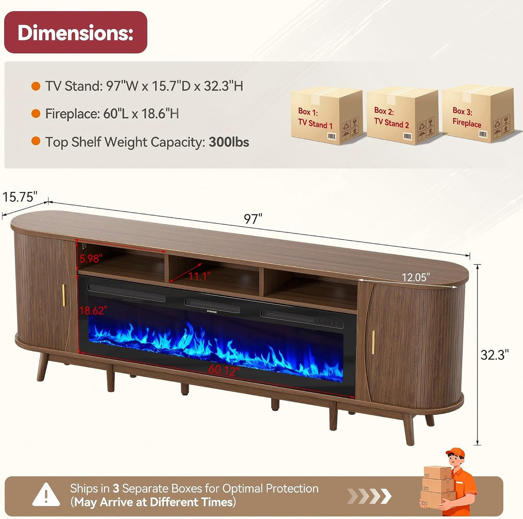 97" Fireplace TV Stand for 100" TV, Mid Century Modern Entertainment Center with 60" Electric Fireplace, Media