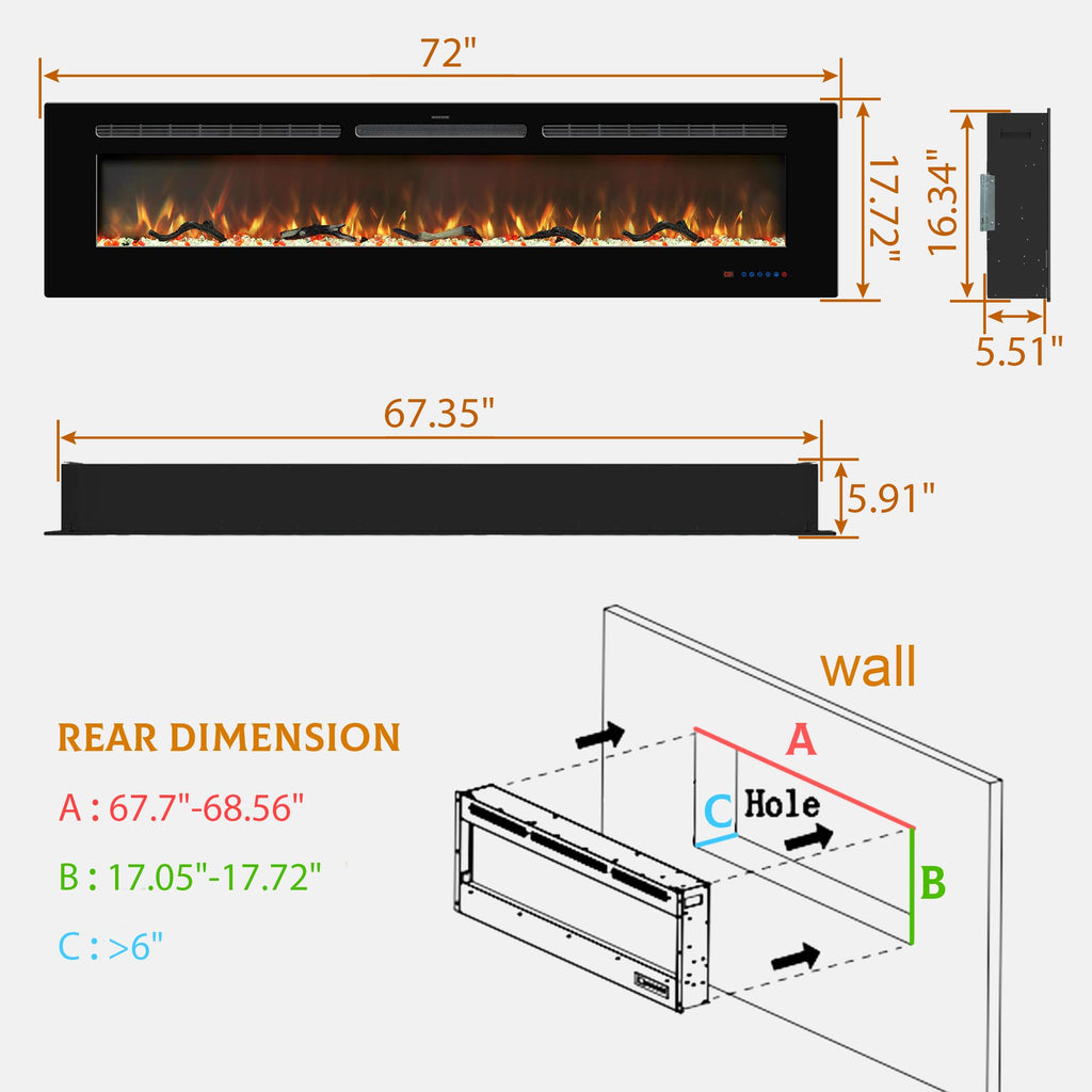 72 inches Electric Fireplace Inserts, Recessed and Wall Mounted Fireplace Heater, Large Screen w/Thermostat, Remote &