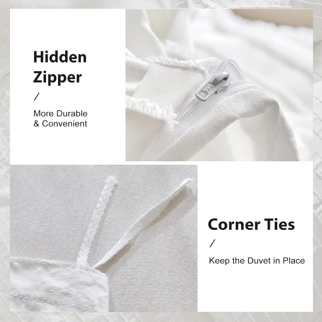 White Boho Duvet Cover Set, Striped Textured Tufted Bedding Set, 3 Pcs Ultra Soft Washed Microfiber with Zipper