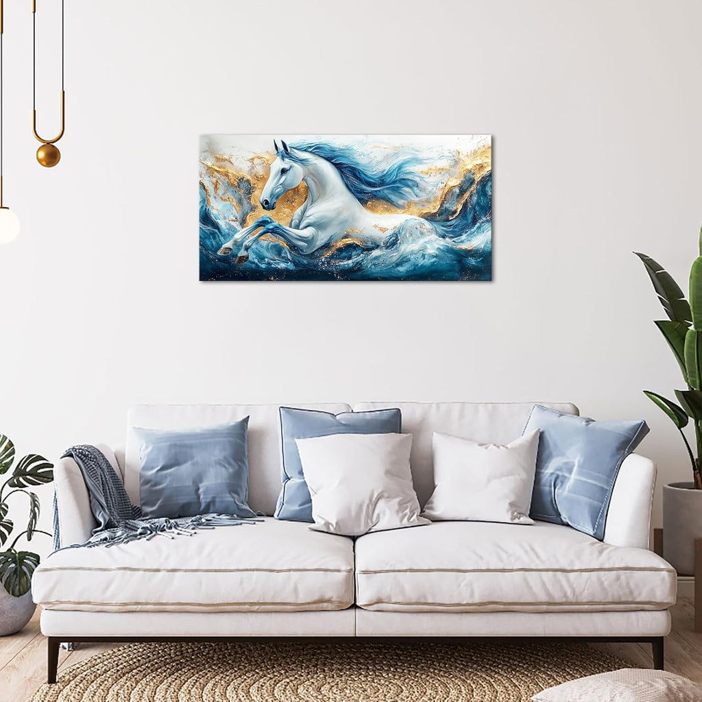Abstract Horse Wall Art Modern Blue and Gold Sea Wave Animal Picture Wall Decor Canvas Prints Ocean Horse Painting