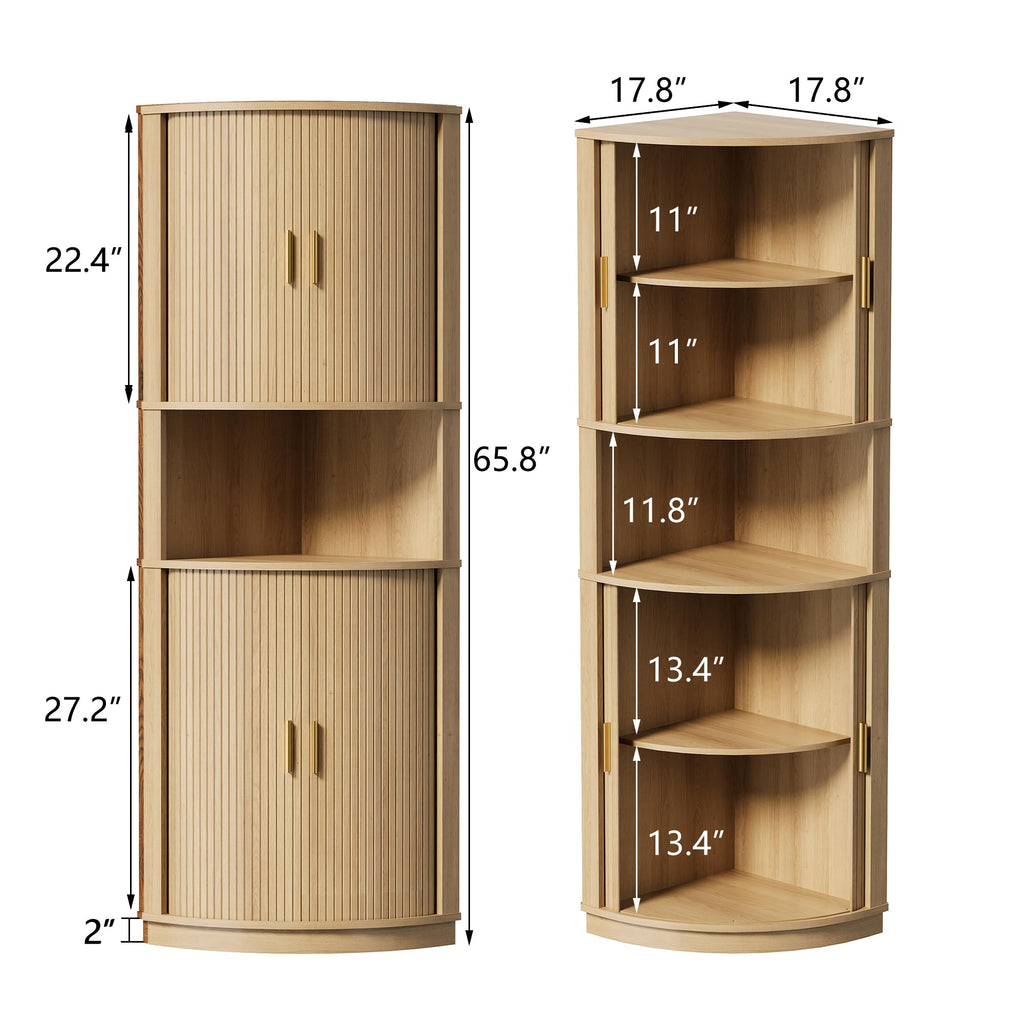 65.8'' Tall Corner Storage Cabinet with Fluted Sliding Doors, Wine Bar Cabinet with Storage, Mid-century Modern
