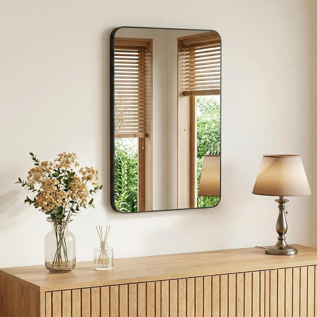 Bathroom Mirror for Over Sink, 20x28 Inch Wall Mount Mirror with a Rounded Rectangle and Matte Metal Frame