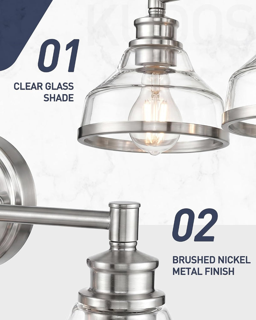 4-Light Brushed Nickel Vanity Light, Clear Glass Shade | 33" bathroom light fixtures over mirror, upward or downward