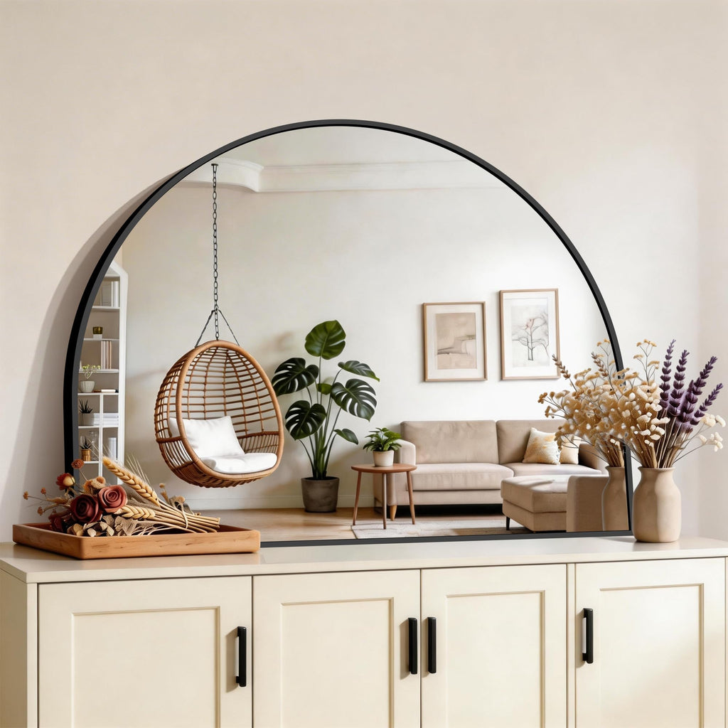 Arched Wall Mirror 40"x30", Black Arched Mirror &Mantel