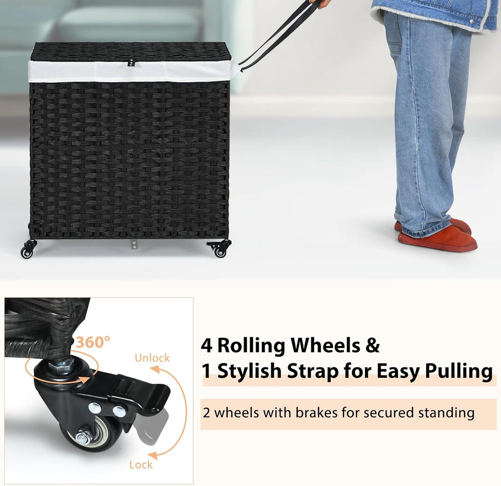Laundry Hamper with Wheels and Lid, 125L Rattan Clothes Hamper with 2 Removable Liner Bags & Handle, 3-Section