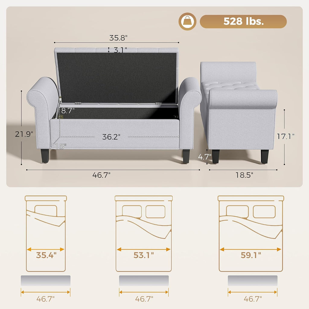 47" Ottoman wih Storage End of Bed Bench with Rolled Arms Light Gray | Storage Chest, Safety Hinge, Wooden Legs