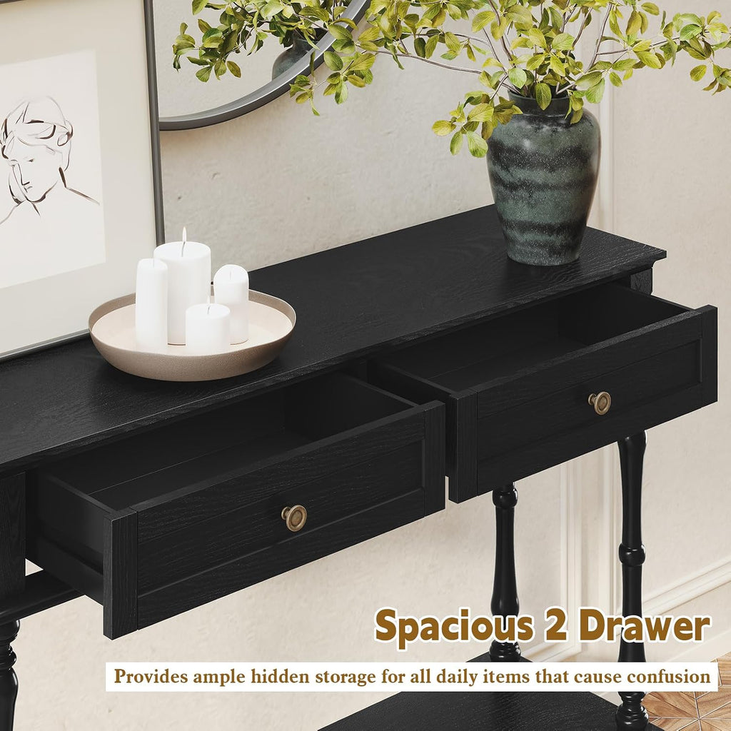 Console Table with 2 Drawers-Minimal Assembly,Black Retro Entryway Table with Storage Cabinets and Open Shelf,Narrow