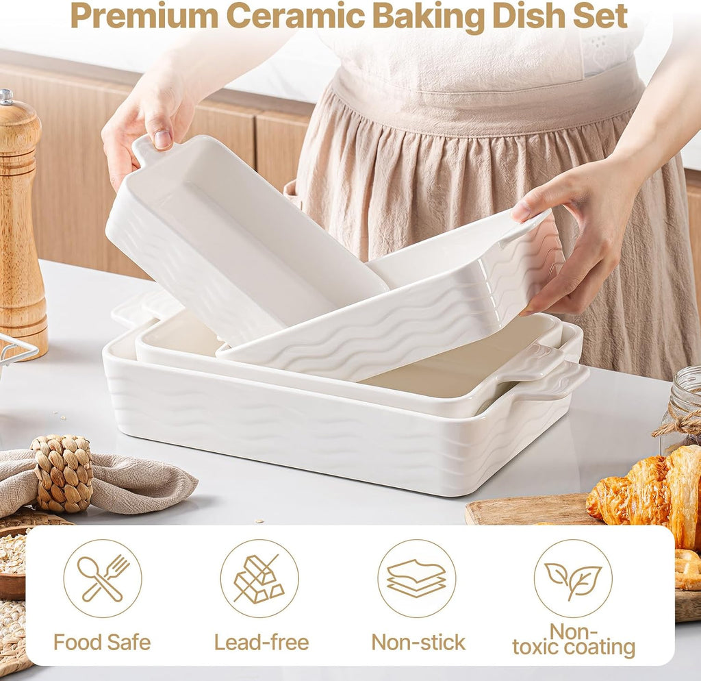 Casserole Dishes for Oven, Ceramic Dishes Set of 4, Porcelain Pan with Handles, Rectangular Lasagna Pan for , Wedding