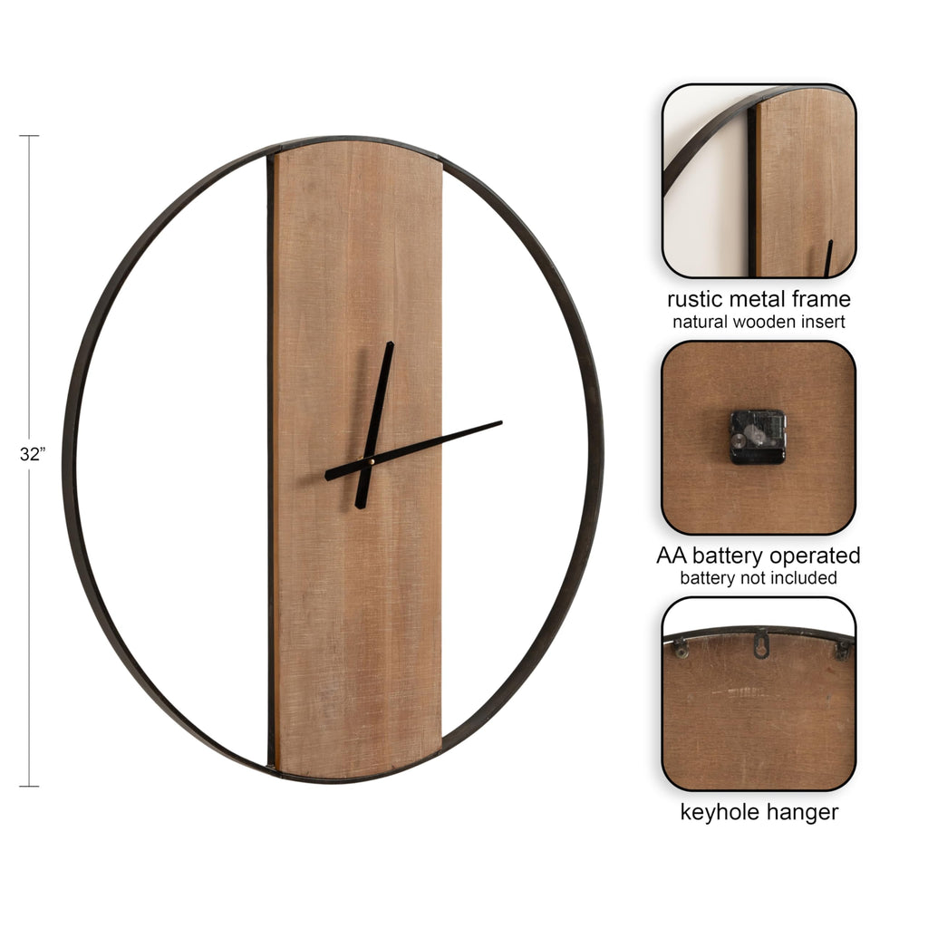 Ladd Modern Numberless Round Wall Clock; 32 Inch Diameter; Hazelnut and Black; Decorative Minimal Metal and Wood