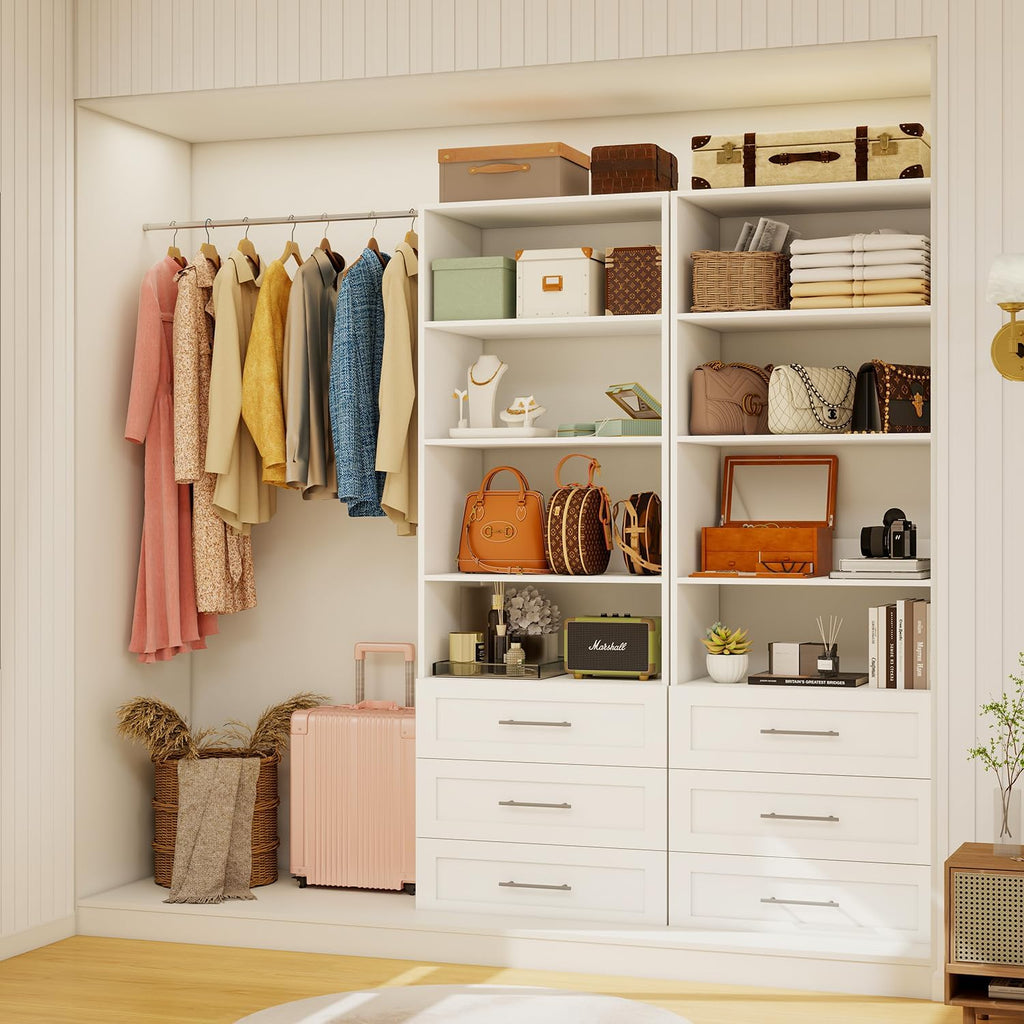 Closet System with 3 Drawers & 4 Shelves, Wood Closet Organizer System with 1 Extra Hanging Rod for Walk in Closet
