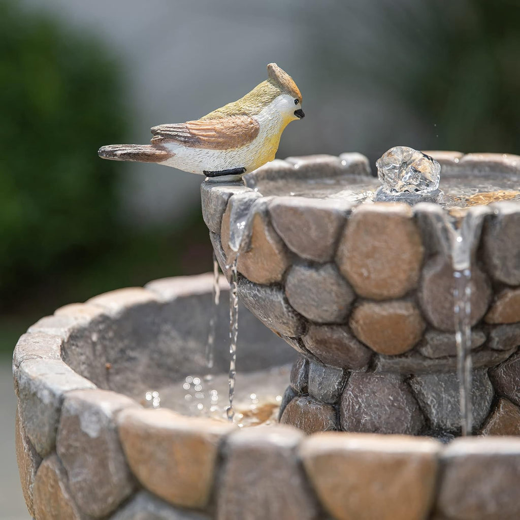 2-Tier Stone Like Outdoor Water Fountain with Birds, Bird Bath Outdoor Waterfall Fountain Decor, Freestanding Water