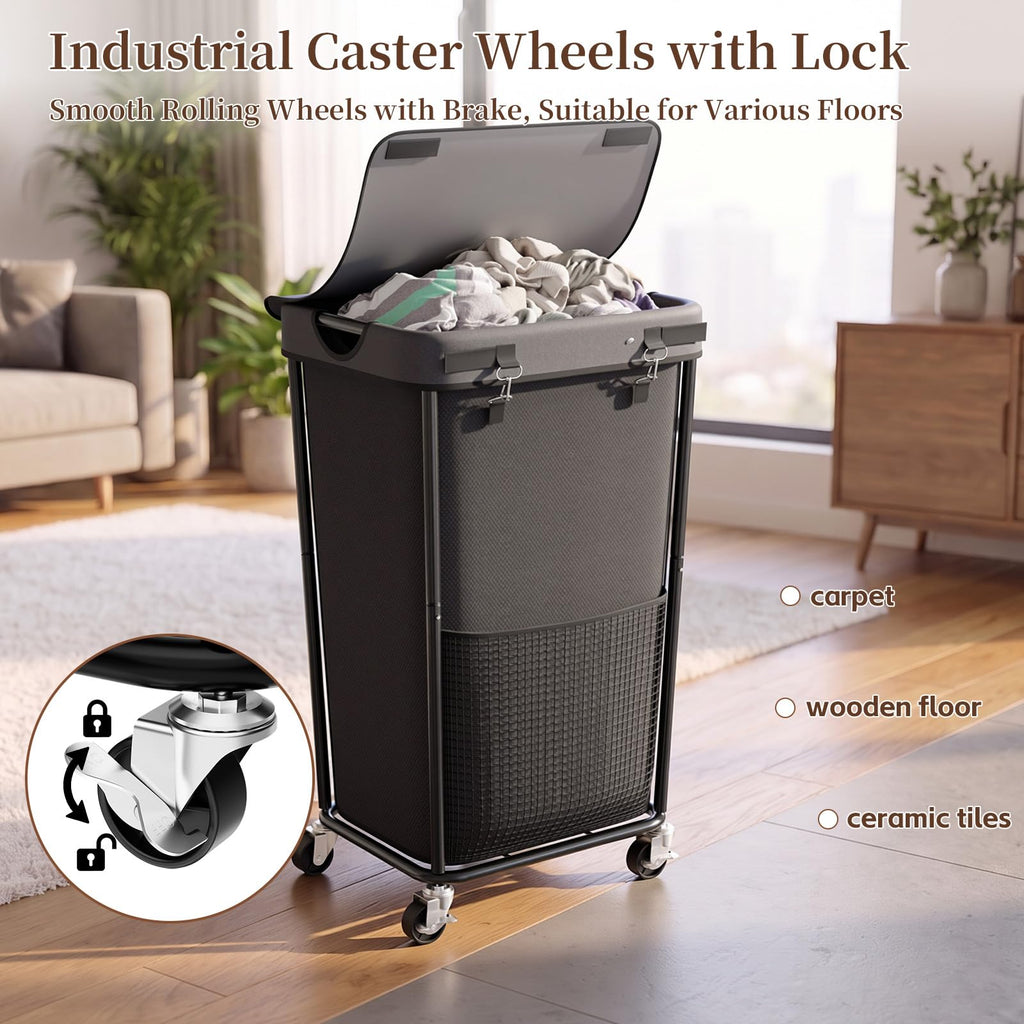 Hamper with Wheels and Lid, 110L Large Rolling Laundry Basket Gray