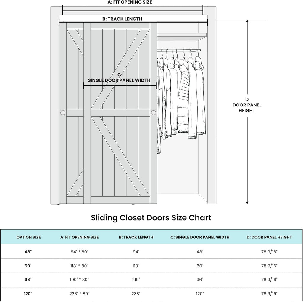 Closet Sliding Door, 96"×80"(Double Barn Doors 48"), Double K Shape Sliding Door with Hardware Kit, 