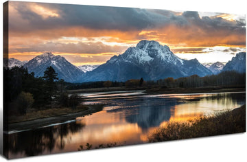 Grand Teton Mountain Wall Art National Park Posters Sunset Oxbow Bend Scenery Wall Picture Snake River Landscape Wall