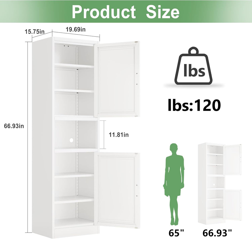 Tall Narrow Storage Cabinet 66.93" H Tall Bathroom Cabinet Metal Pantry Cabinets, 4 Adjustable Shelves , Dinning Room