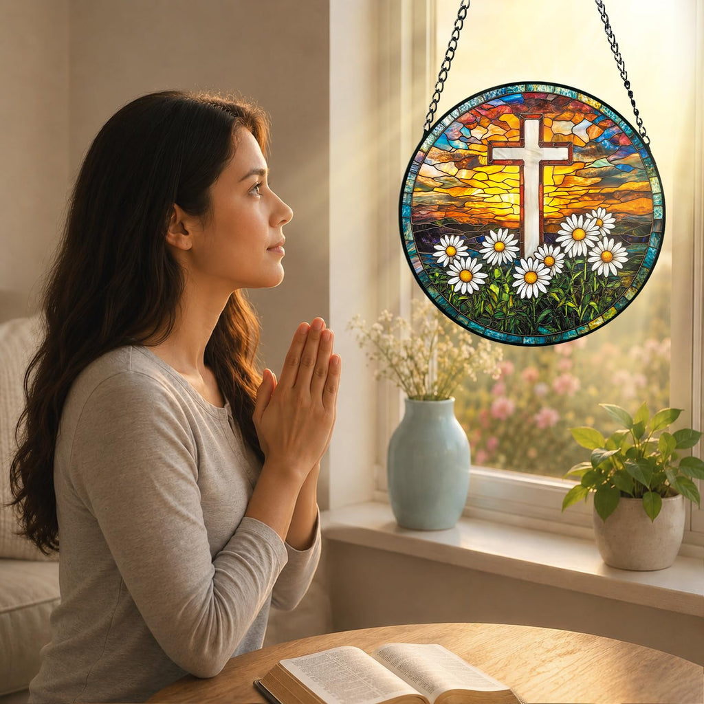 Cross Stained Glass Christian Window Hanging Religious Gift
