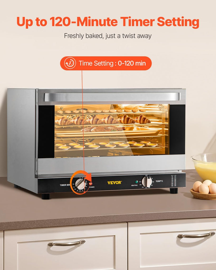 Commercial Convection Oven, 47L/43Qt, Half-Size Conventional Oven Countertop, 1600W 4-Tier Toaster w/Front Glass Door