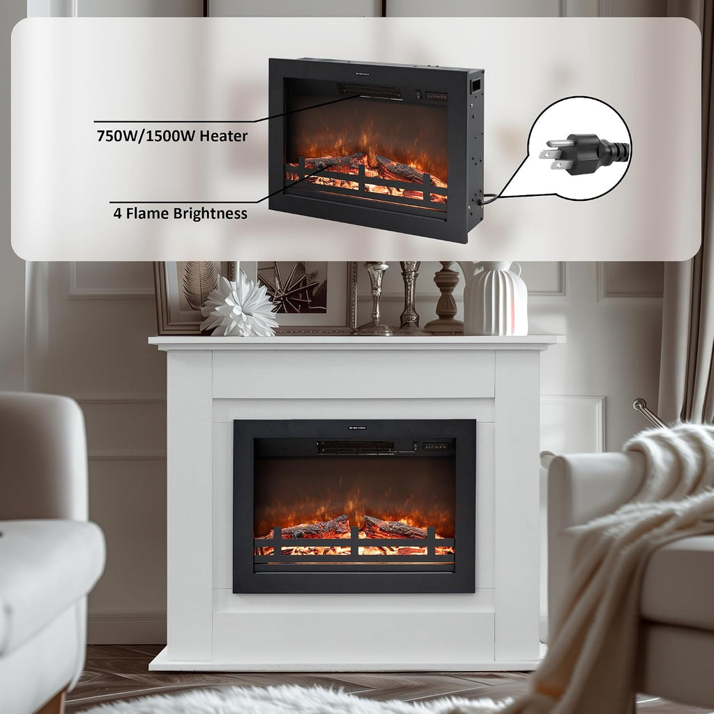 41" Electric Fireplace with Mantel, Wooden Surround Firebox, Freestanding, Adjustable Flame Brightness, Ivory White