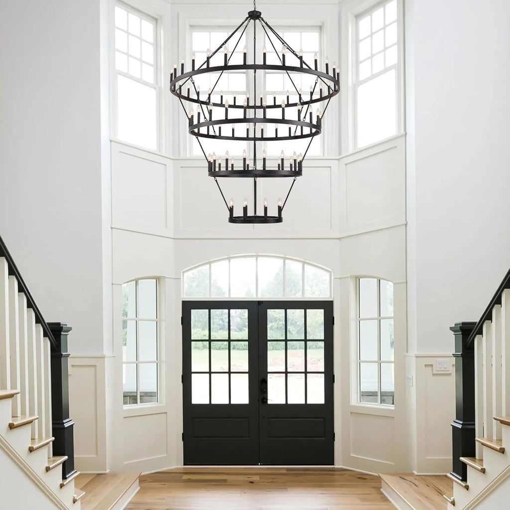 70 Inch Wagon Wheel Chandelier - 4-Tier 84-Light Black Farmhouse, Adjustable 100-160 Inch Height for High Ceilings