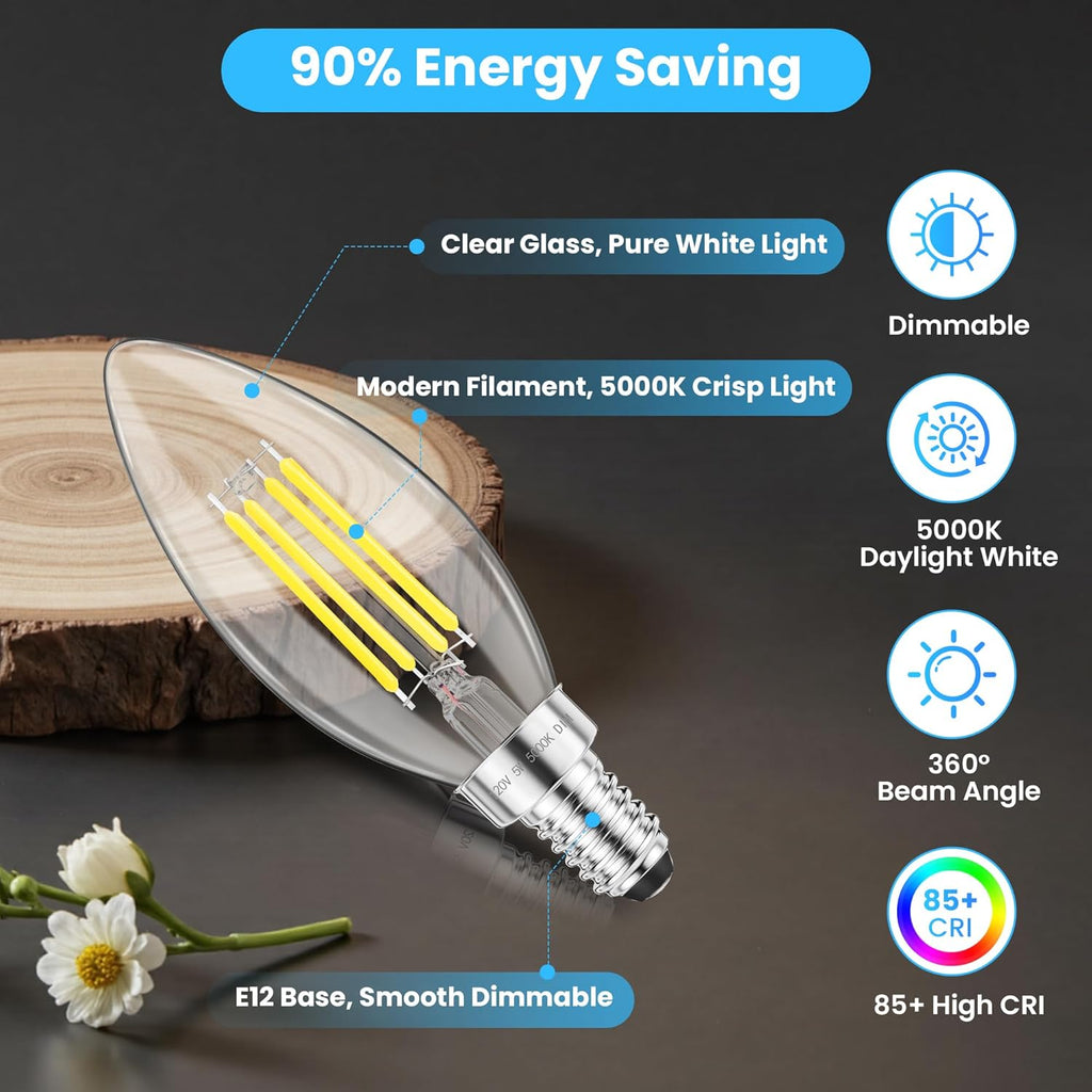 E12 Candelabra LED Bulb 60W Equivalent, 600LM Dimmable Chandelier Light Bulbs, 5000K Daylight White, 85+ CRI Candle