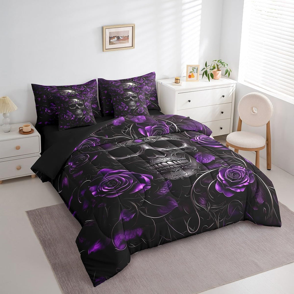 Sugar Skull 7 Pcs Comforter Set Queen,Purple Rose Floral Bedding Set for Kids Boys Girls Teens Adults,Gothic Skeleton - Set of 7