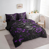 Erosebridal Sugar Skull 7 Pcs Comforter Set Queen,Purple Rose Floral Bedding Set for Kids Boys Girls Teens