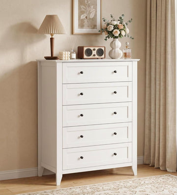 White 5-Drawer Dresser , 42.7"H Storage Drawers Organizer | Modern Lacquered Chest of Drawers, 15.8"D x 31.5"W x