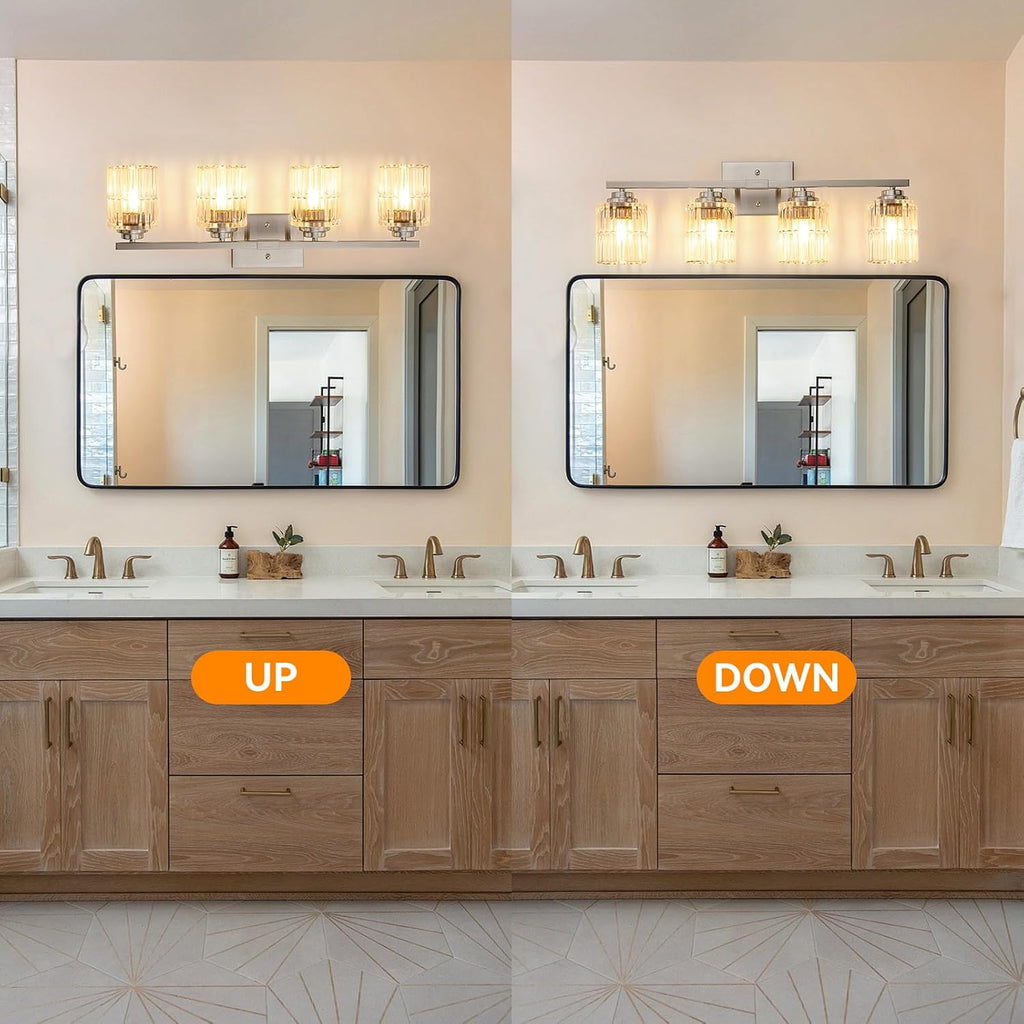 Nickel 4Light Bathroom Vanity Light with Fluted Cylinder Glass Shade | Modern Vanity Lighting Fixtures, Bathroom