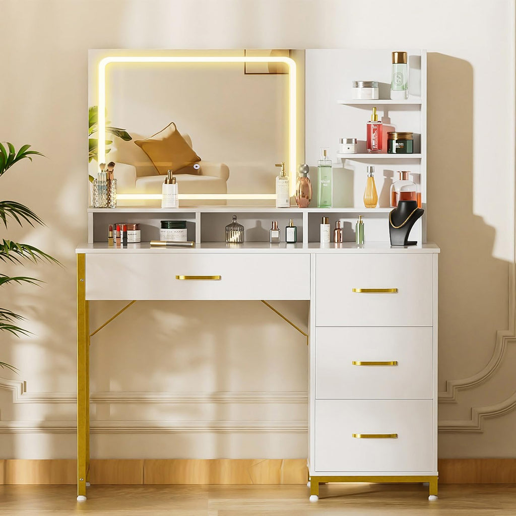 Vanity Desk with Mirror and Lights, Makeup Vanity Table with 4 Drawers & Storage Shelves, Large HD Mirror, 3 Color