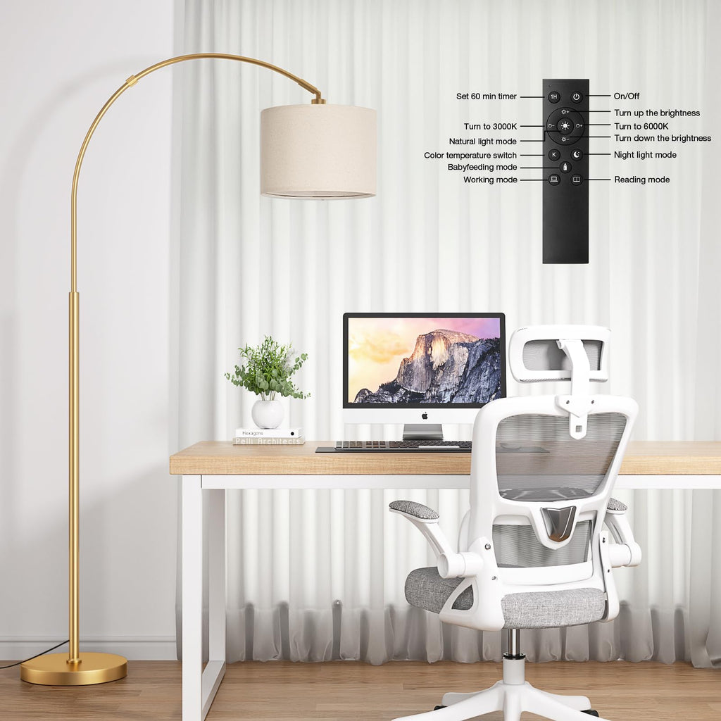 Dimmable Arc Floor Lamp with Remote, Color Temp Adjustable, Gold