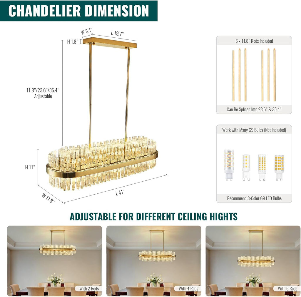 Modern Crystal Chandelier 20 Lights Gold Rectangle 2 Tiers Raindrop Chandelier Luxury Adjustable Flush Mount Oval