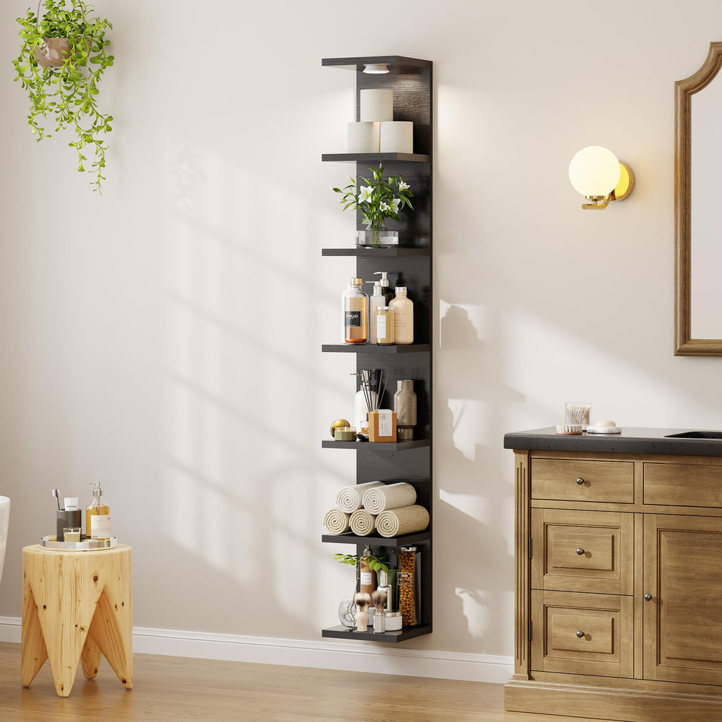 7 Tier Wall Shelf Unit Black Floating Shlef with Led Light for display