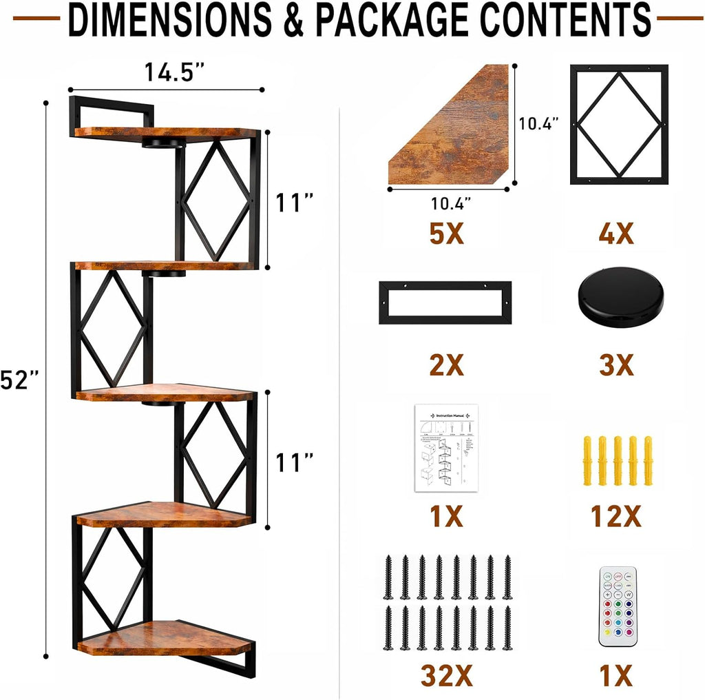 Corner Shelf Wall Mounted: 5-Tier Floating Shelves with Lights , Rustic Brown