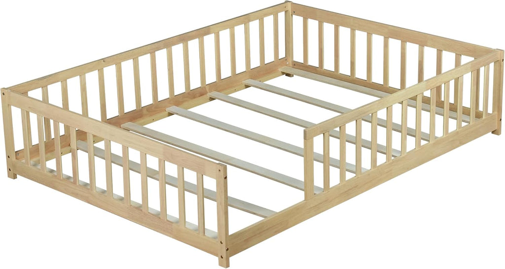 Full Size Montessori Bed Frame with Fence,Solid Wood Floor Bed with Slats for Kids,Boys,Girls,No Box Spring