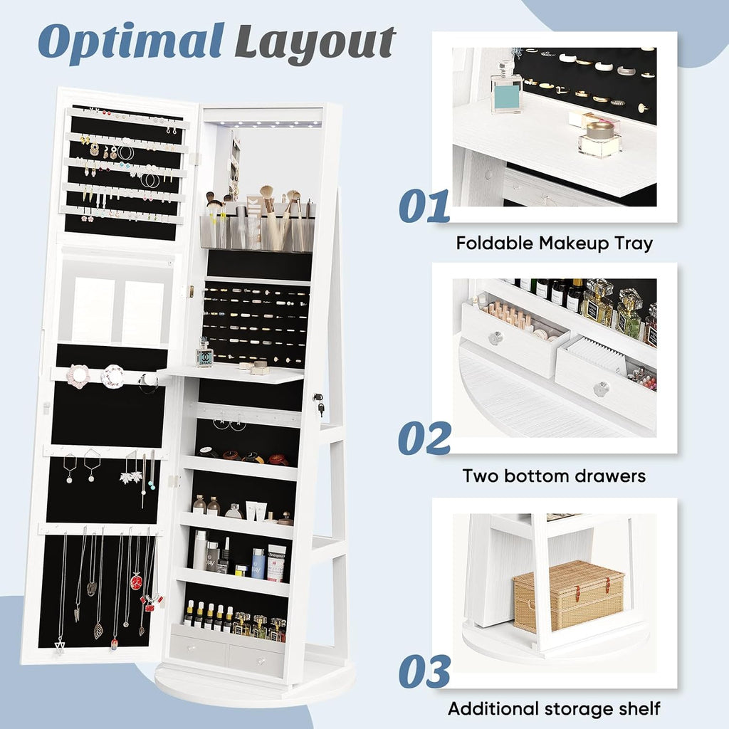 360° Rotating Jewelry Armoire with Full-Length Mirror & LED, Lockable Standing Organizer, Secure Storage