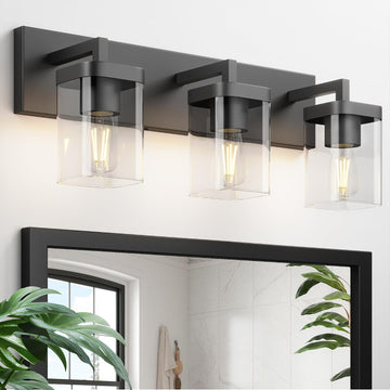 Bathroom Lighting Fixtures Over Mirror, Square Design & Rectangle Large Backplate, 3 Lights Morden Vanity Lighting