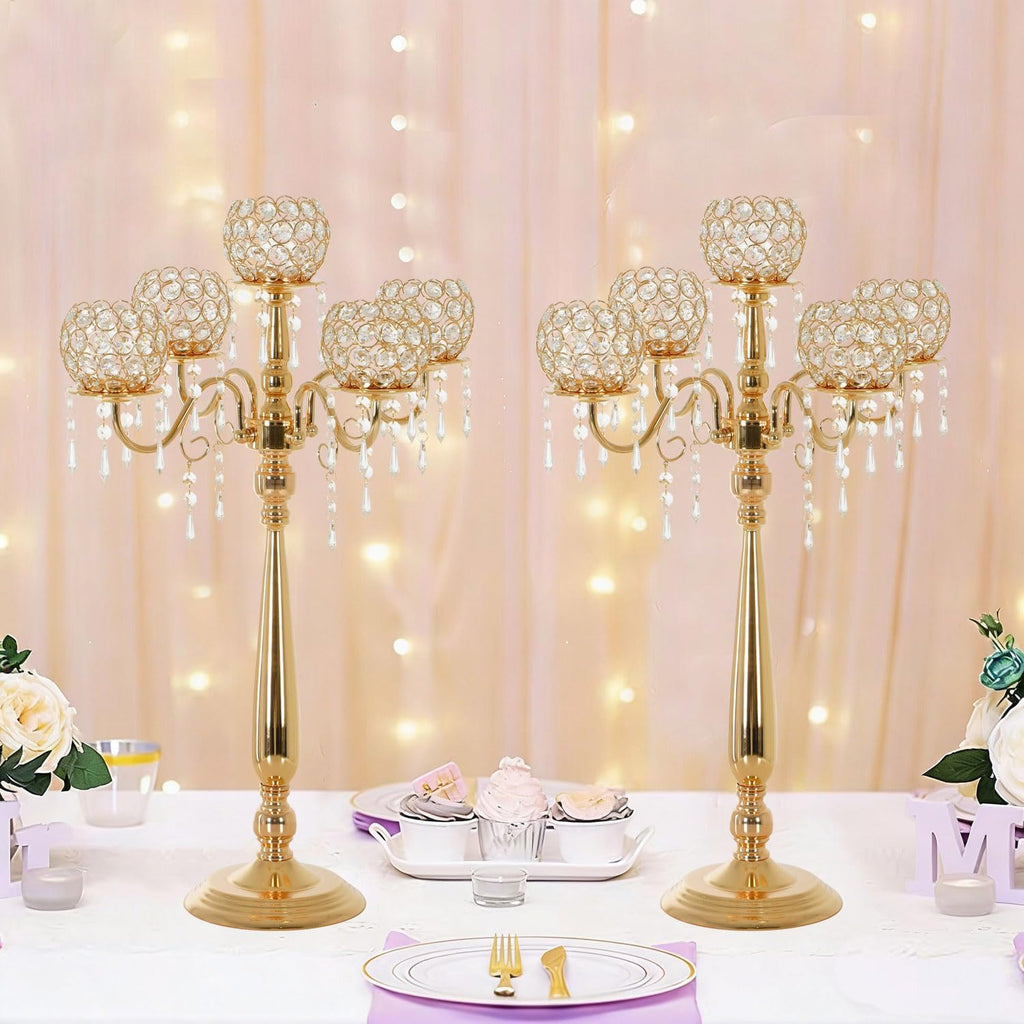 2Sets 5 Arm Gold Crystal Candelabra Centerpieces for Table,29.5 Inch Tall Metal Candlestick Holdersrty Table Decoration