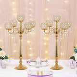 2Sets 5 Arm Gold Crystal Candelabra Centerpieces for Table,29.5 Inch Tall Metal Candlestick Holdersrty Table Decoration