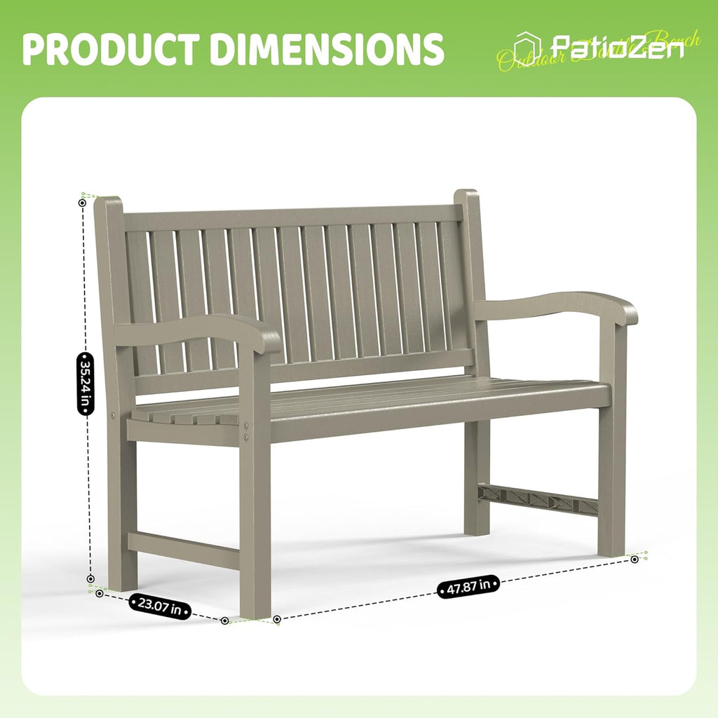 Outdoor Bench, 2-Person Resin Bench, Grey | Waterproof & Weatherproof, Ergonomic Design, For Porch, Deck, Patio