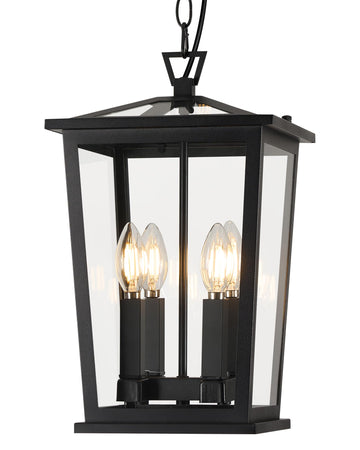 Outdoor Pendant Light for Porch, 16" 4-Light Large Exterior Chandelier with Clear Glass, Black Farmhouse Hanging