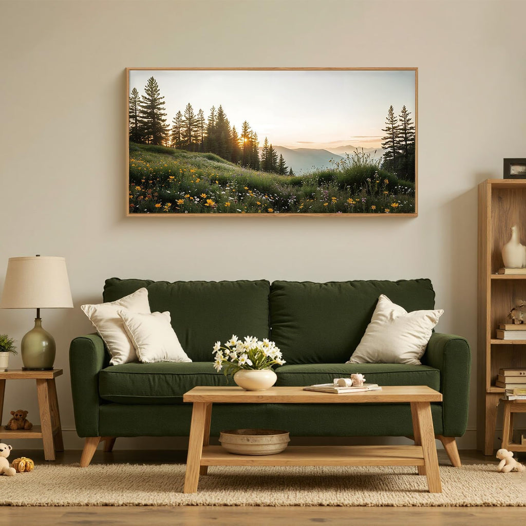 Green Forest Mountain Framed Canvas Wall Art Set, Wildflower Meadow Wall Decor, Floral Pictures Artwork, Nature