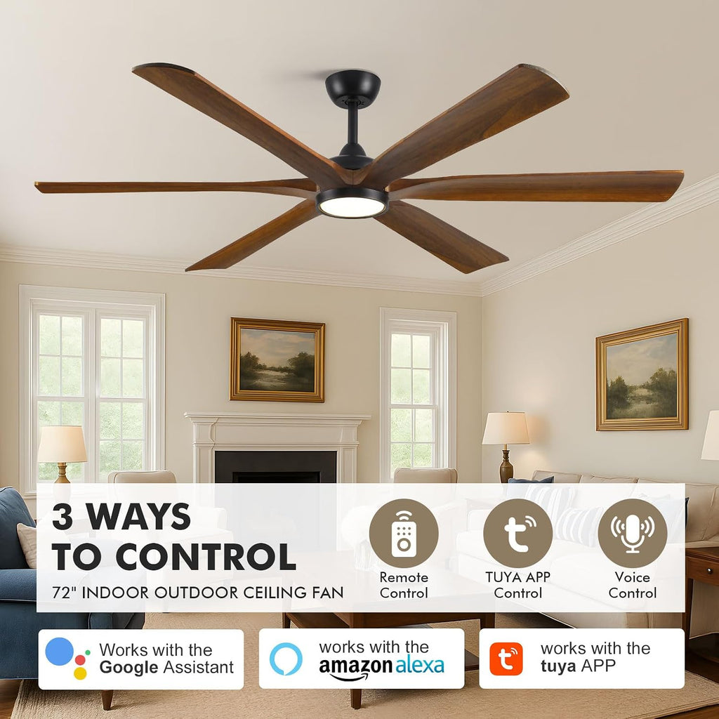 72" Ceiling Fan with LED Light and Remote - Walnut Smart