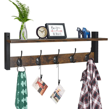 Coat Rack with Wall Mount, 24 Inch Long Entryway Wall Shelf with Hooks, Wood Hanger with Storage Shelf, Rustic Brown
