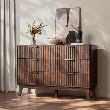 6-Drawer Dresser Fluted Drawers, Mid-Century, Walnut | 47.2"W x 15.4"D x 32.3"H, 130 lbs top / 40 lbs per drawer