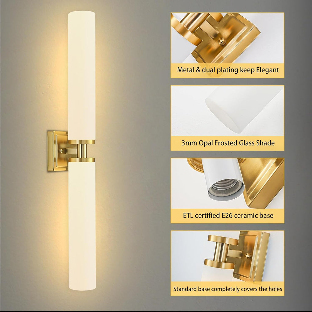Gold Wall Sconces Set of Two, Bathroom Sconces with Frosted Glass Shade, Modern Vanity Sconces Lighting over Mirror
