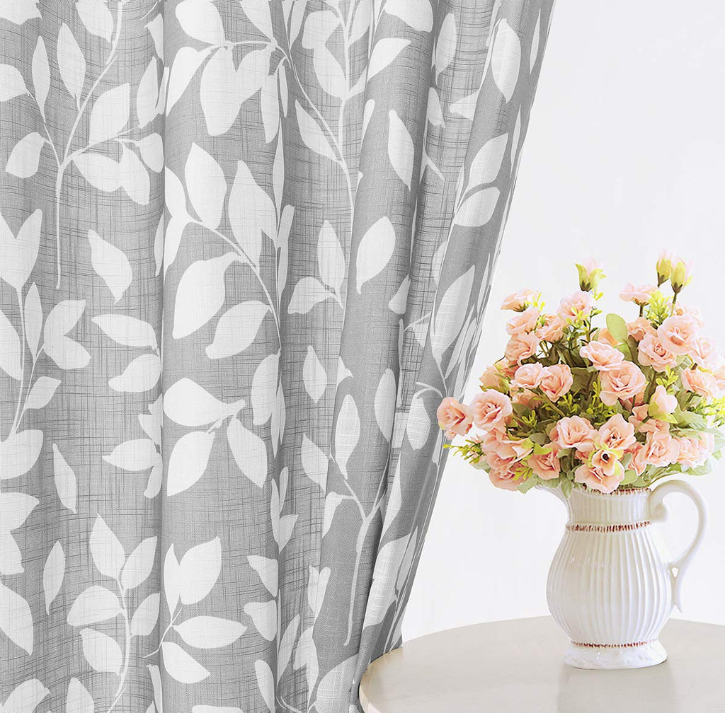 Grey White Kitchen Tier Curtains 27x36"L Short Leaf Print Cafe Curtain 2pc