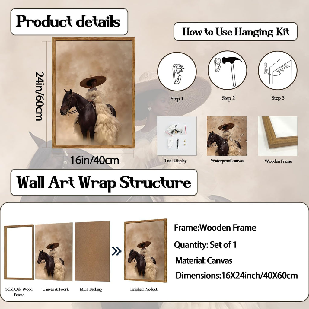 Framed Western Cowgirl Wall Art, Fashion Black Girl Riding Horse Canvas Wall Decor Painting, Black Woman African
