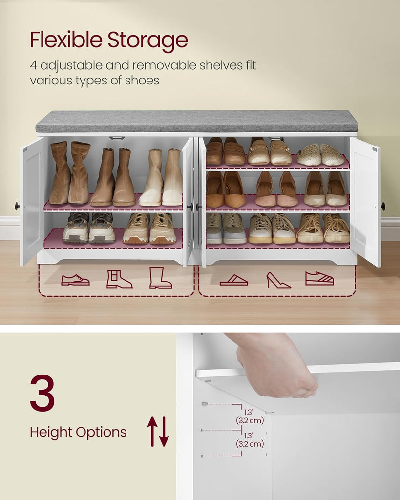 Shoe Storage Bench with Cushion, 3-Tier Entryway Bench with Padded Seat, Doors, Adjustable Shelves, 14 x 47.6 x 20.7