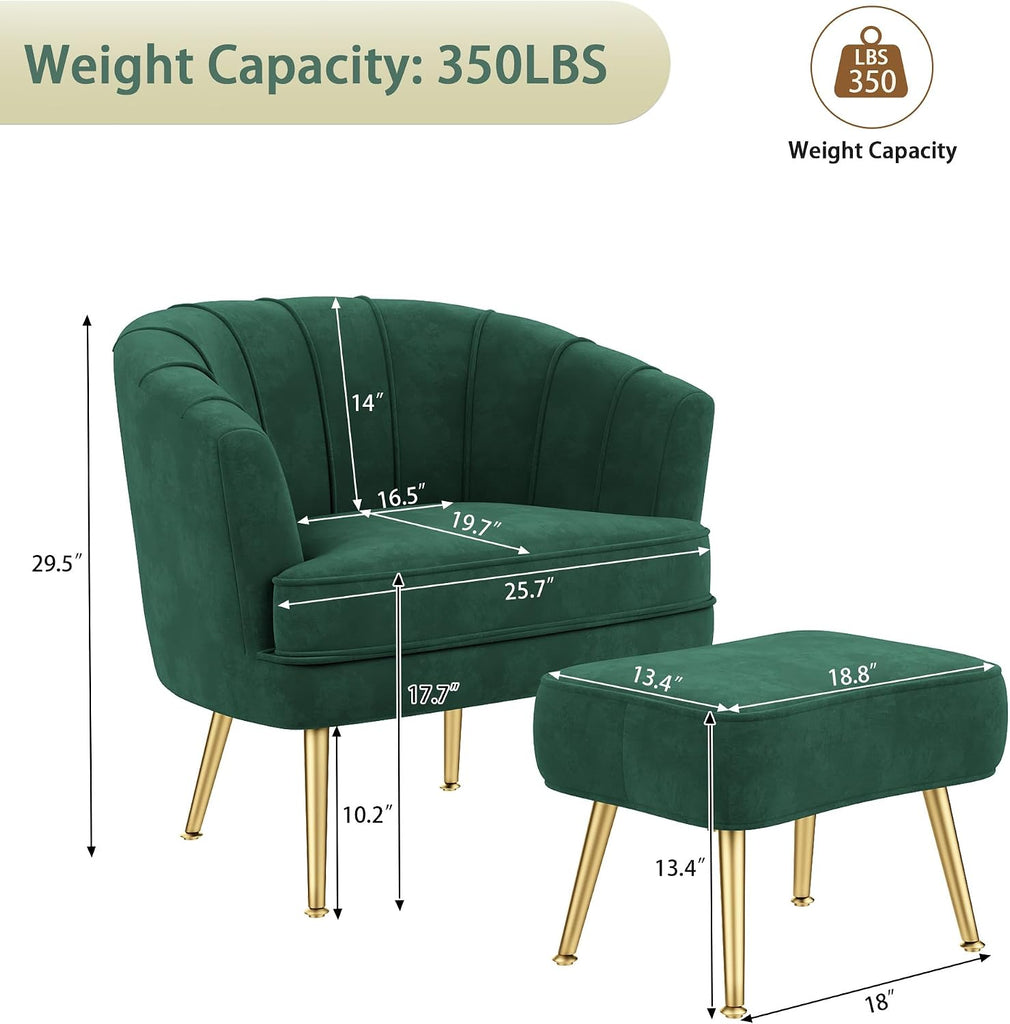 Velvet Accent Chair with Ottoman, Upholstered Modern Single Sofa Side Chair,Comfy Barrel Club Living Room Armchair