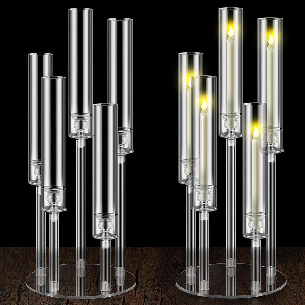 2 Pack 5 Arms Acrylic Candelabra Candle Holder Clear Candelabra Centerpieces, Crystal Candlesticks Pillar Taper